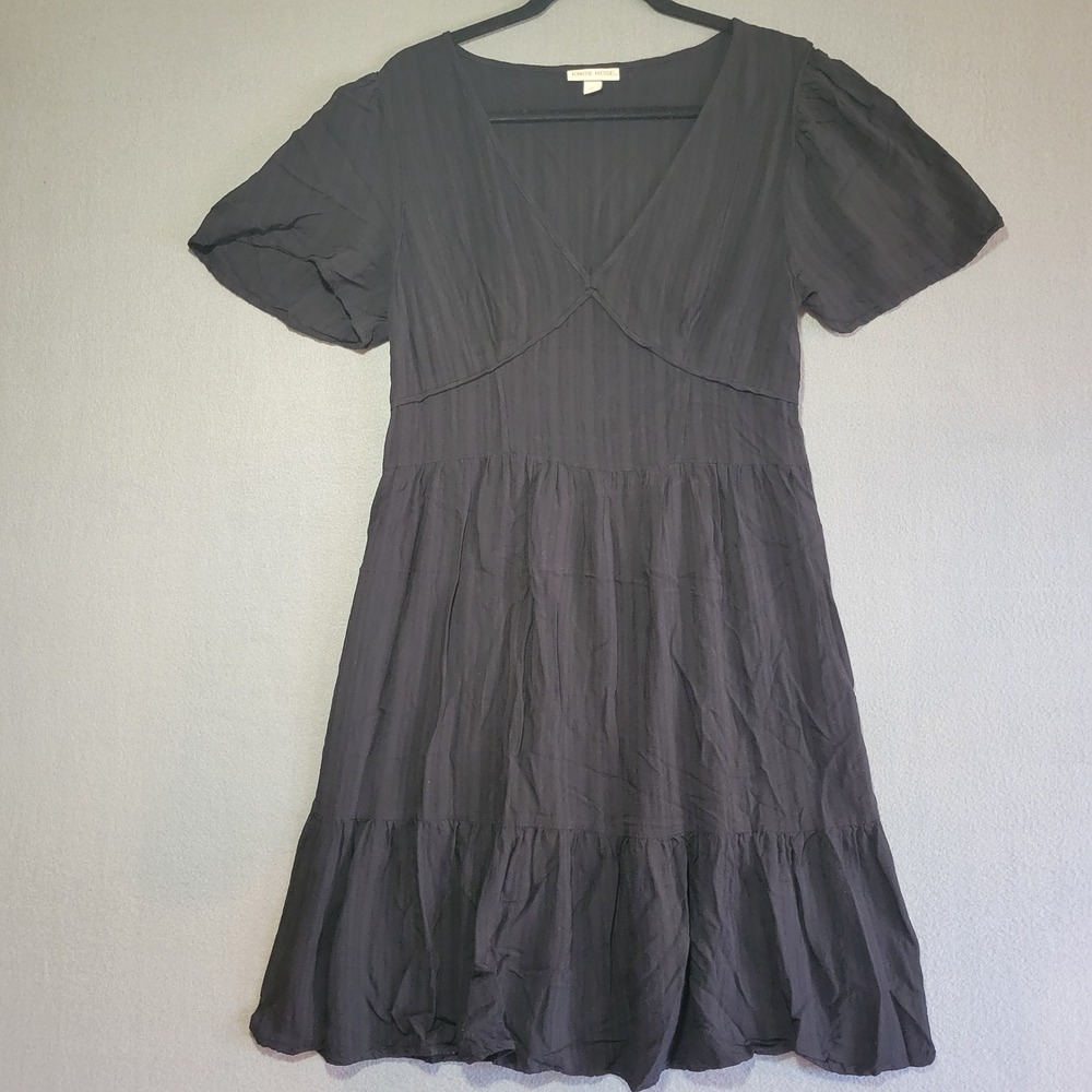 Knox Rose Black‎ V-Neck Tiered Babydoll Dress Short Sleeve Smocked Large